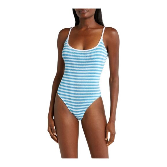 Cleonie Wanda Low Back One Piece Stripped Swimsuit Blue With White‎ One Size - Picture 1 of 10